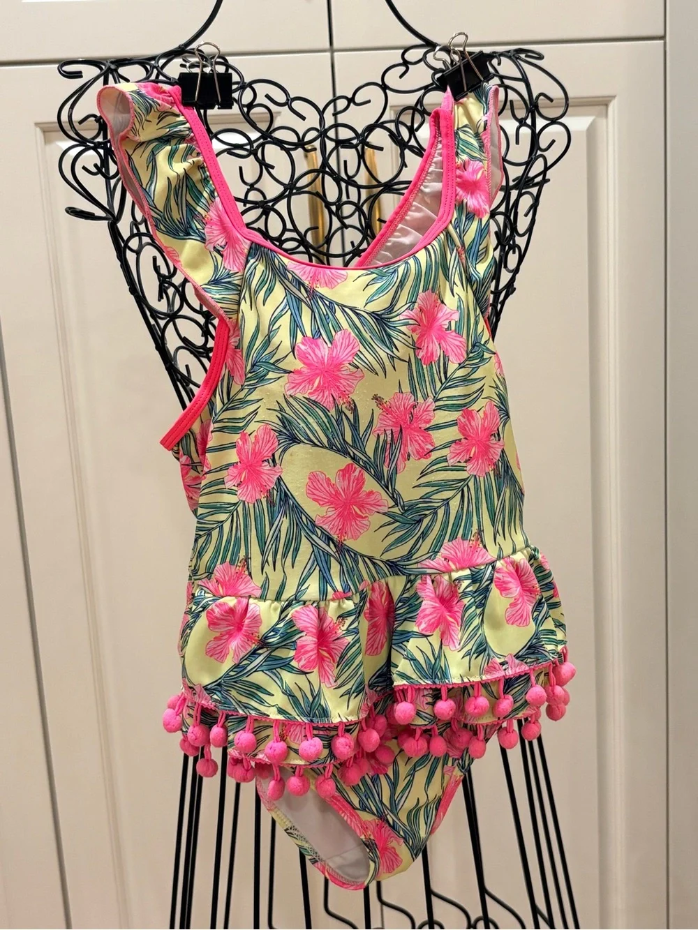 Nicole Miller Girls Floral Pink Trim Ruffle One-Piece Swimsuit